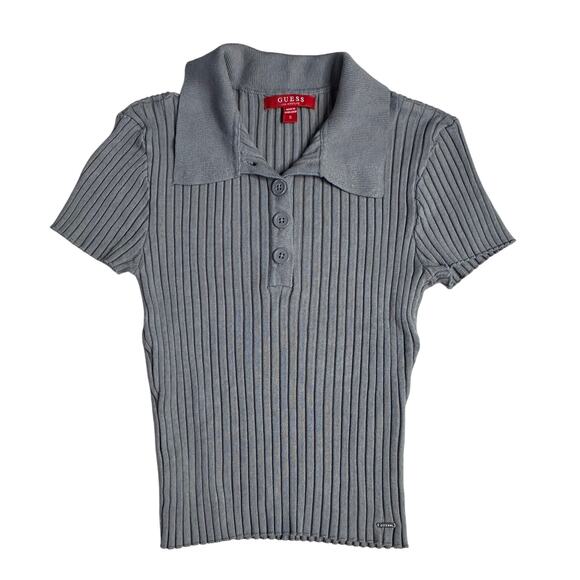 Sm Guess Ribbed Cropped Collared Shirt Periwinkle Blue Y2K Softgirl Preppy Retro - Picture 1 of 7